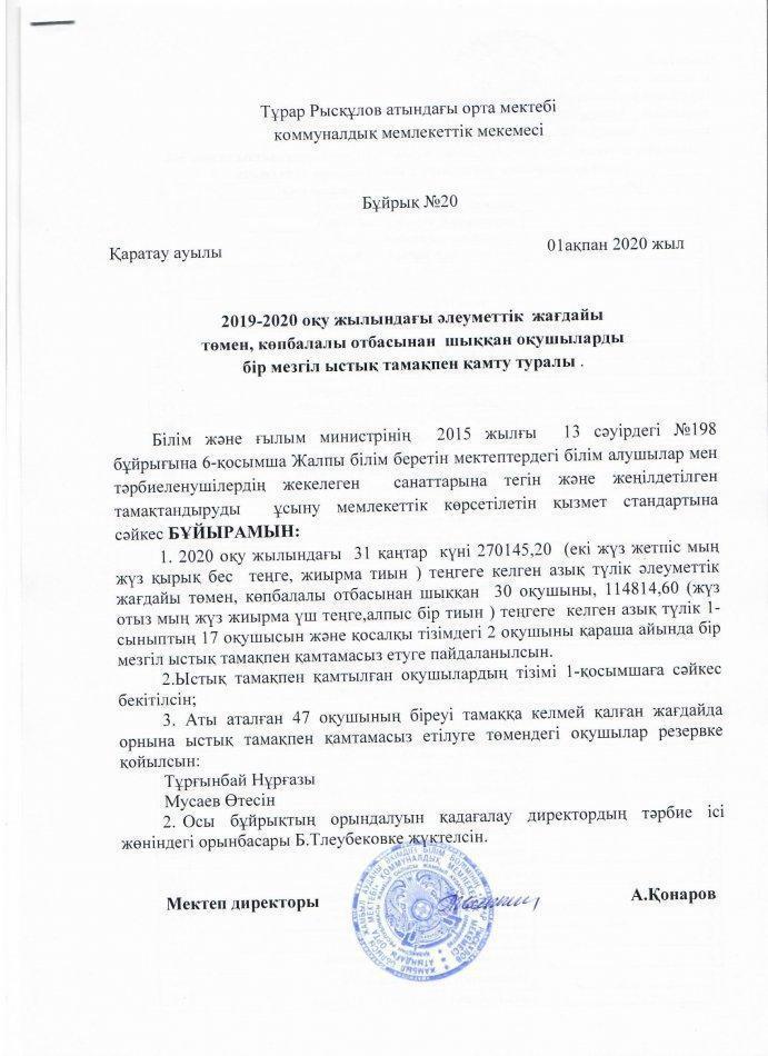 ТҰРАР РЫСҚҰЛОВ АТЫНДАҒЫ ОРТА МЕКТЕБІНІҢ ЫСТЫҚ ТАМАҚПЕН ҚАМТУ ТУРАЛЫ