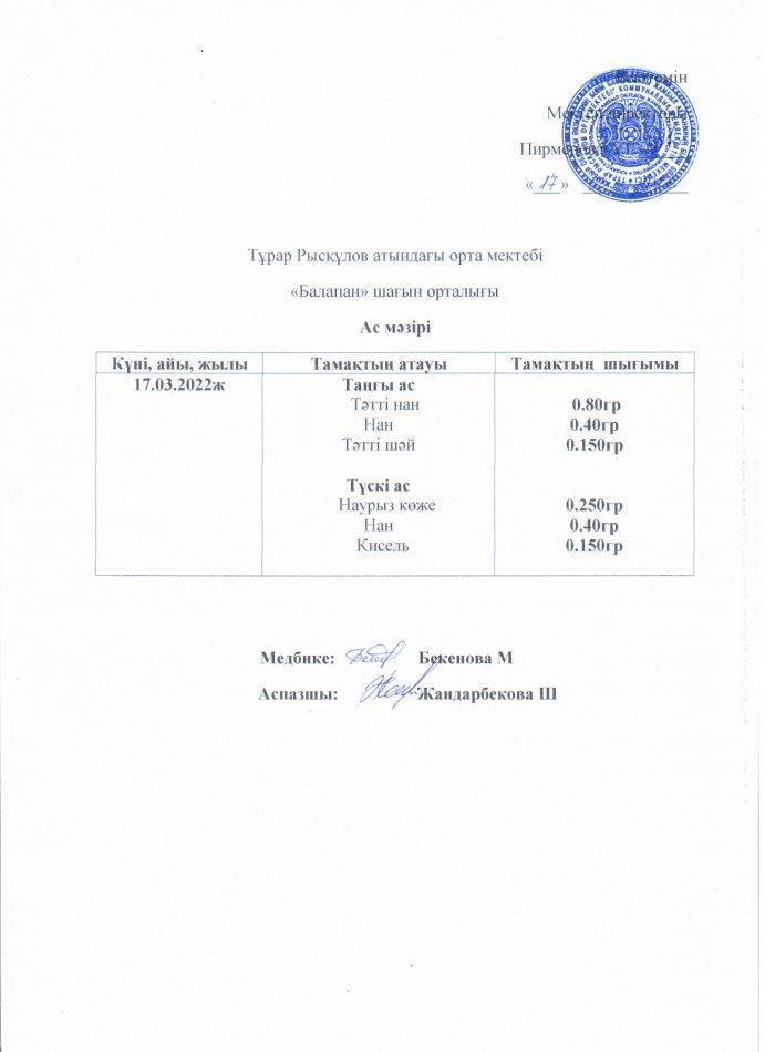 "Балапан" шағын орталығының 17.03.2022ж күнгі ас мәзірі