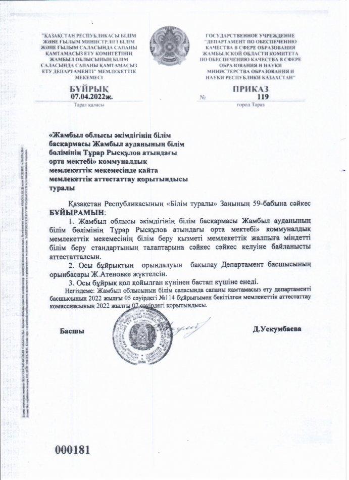 Жамбыл облысы әкімдігінің білім басқармасы Жамбыл ауданының білім бөлімінің Тұрар Рысқұлов атындағы орта мектебі" коммуналдық мемлекеттік мекемесінде қайта мемлекеттік аттестаттау қорытындысы туралы