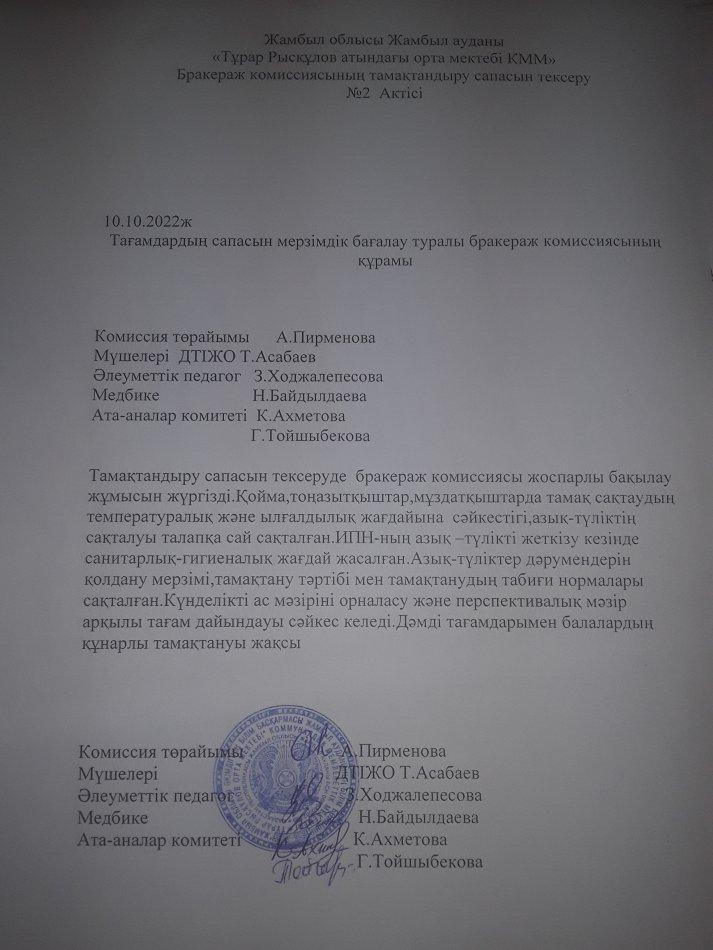 Тамақтану сапасын бақылау жөніндегі ведомствоаралық сараптама тобының актісі