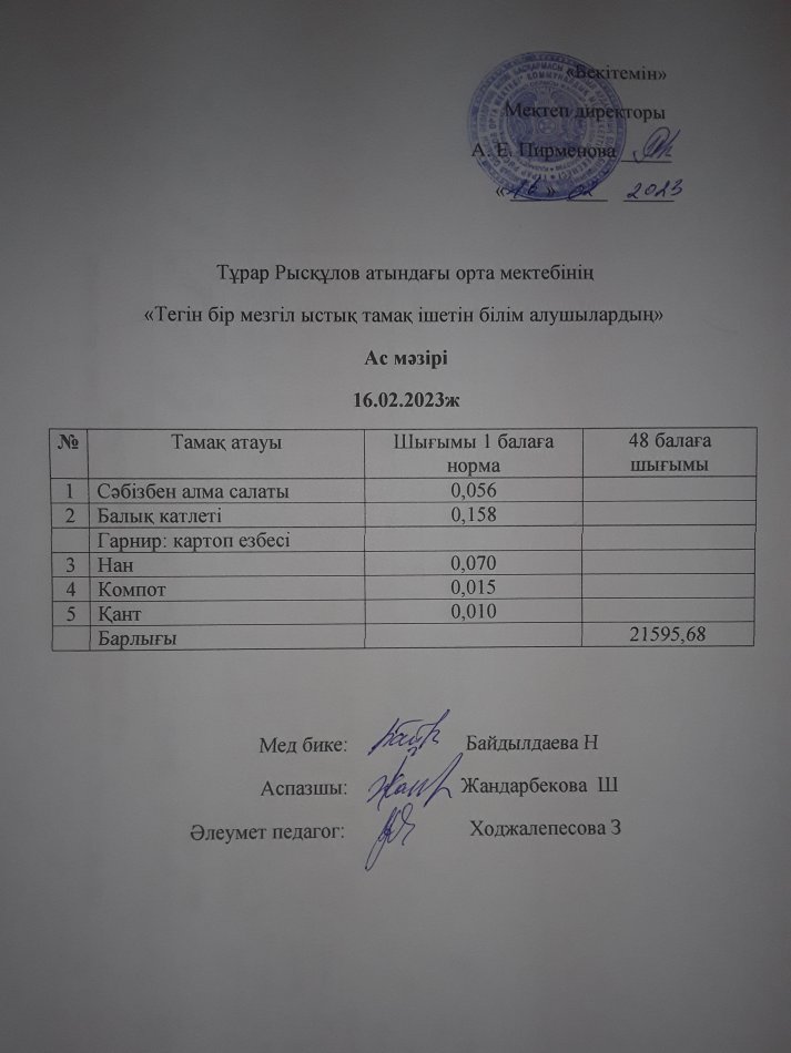 16.02.2023ж күнгі тегін бір мезгілдік ыстық тамақ ішетін білім алушылардың ас мәзірі