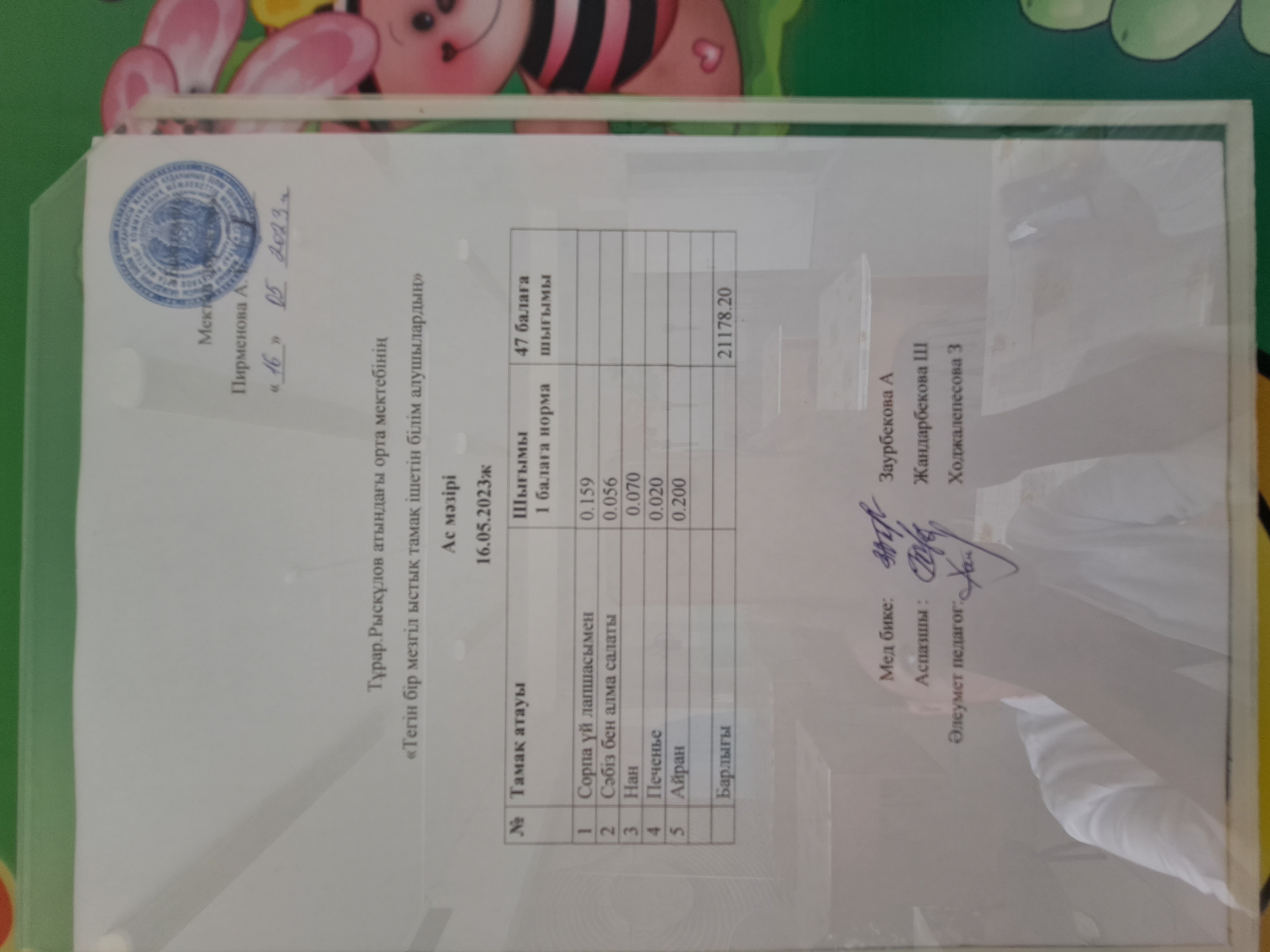 Тұрар Рұсқұлов атындағы орта мектебінің "Тегін бір мезгіл ішетін білім алушылардың" Ас мәзірі