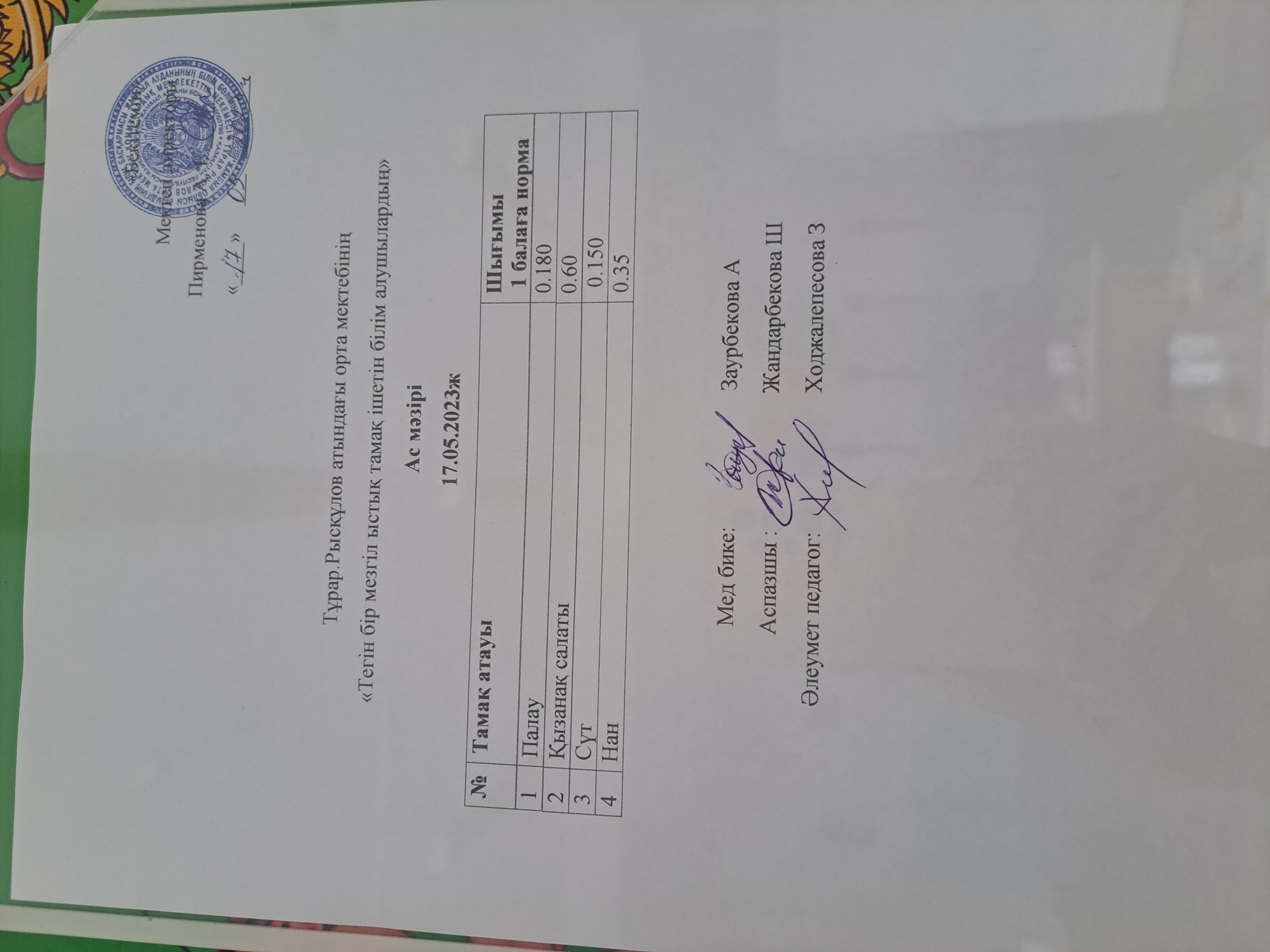Тұрар Рұсқұлов атындағы орта мектебінің "Тегін бір мезгіл ішетін білім алушылардың" Ас мәзірі