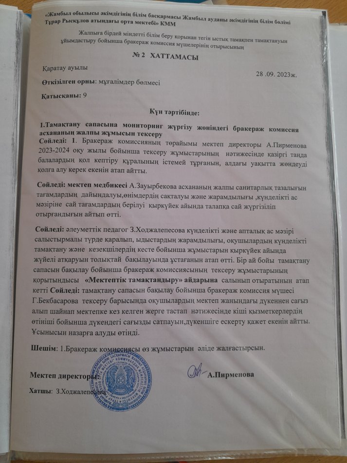 Тамақтану сапасына мониторинг жүргізу жөніндегі бракераж комиссия мүшелерін  тағайындау