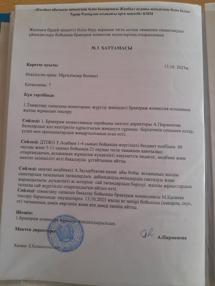 Тамақтану сапасына мониторинг жүргізу жөніндегі бракераж комиссия мүшелерін  тағайындау